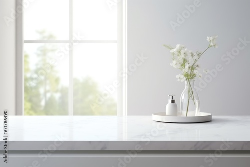 Empty marble table top for product display with blurred bathroom interior background. White bathroom interior.  © Anastasia YU