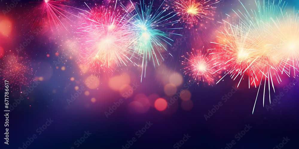 Colorful firework with bokeh background. New Year celebrating. Seasonal background with copy space, invitation greetings card, bright banner, generative ai