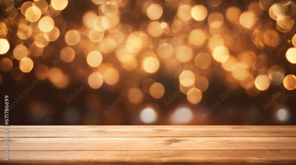 Empty wooden table top with defocused bokeh Christmas background template. Free copy space. Banner or poster backdrop. Generative ai. Empty wooden table top with defocused bokeh Christmas background template. Free copy space. Banner or poster backdrop. Generative ai.