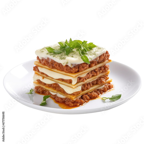 Tasty serving of traditional Italian lasagne with spicy tomato based ground beef and melted mozzarella cheese between layers of noodles photo