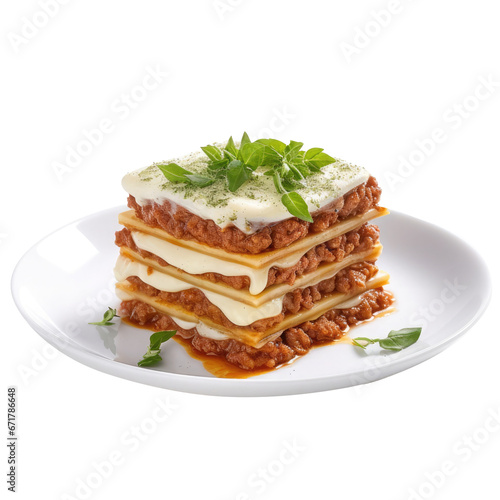 Tasty serving of traditional Italian lasagne with spicy tomato based ground beef and melted mozzarella cheese between layers of noodles