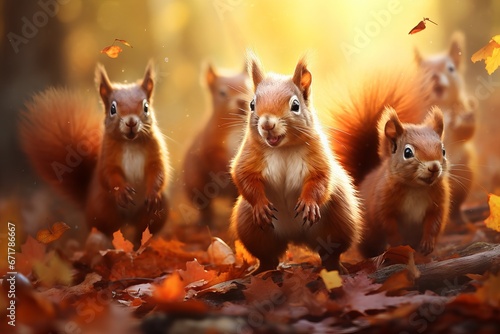 group of energetic squirrels chasing one another through