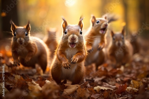 group of energetic squirrels chasing one another through