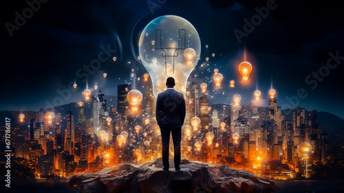 Homme devant des milliers d'ampoules allumées - Concept de l'homme d'affaires cherchant la bonne solution photo