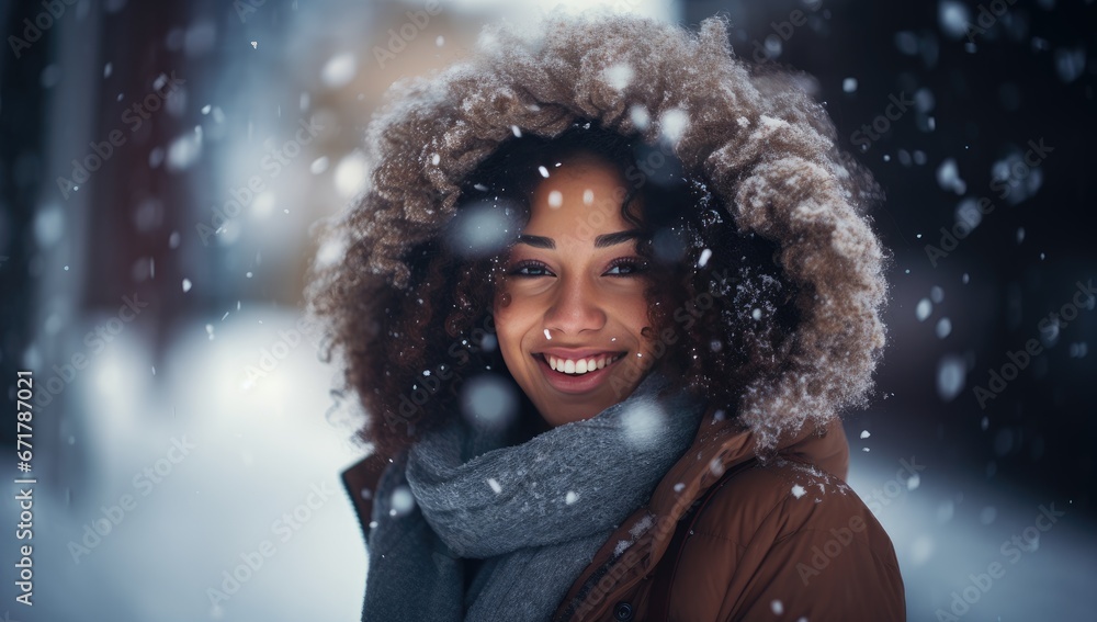 Beautiful afro girl on a cold snow day looking at the camera with a coat Beautiful afro girl on a cold snow day looking at the camera with a coat