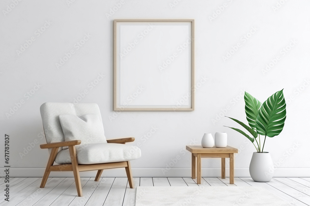 Vertical empty wooden frame for wall art mockup. Modern white room with minimalist chair, table and green houseplant Vertical empty wooden frame for wall art mockup. Modern white room with minimalist chair, table and green houseplant
