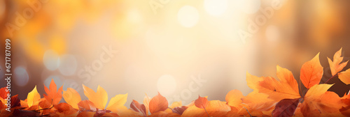 Fall background. Autumn colorful leaves and sun flares  copy space  generative ai