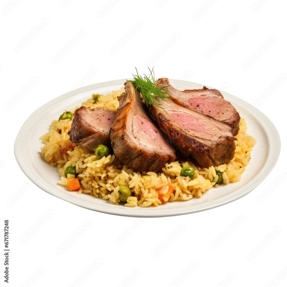 lamb chops with vegetables and biriyani rice served in a white plate, transparent background. lamb chops with vegetables and biriyani rice served in a white plate, transparent background.