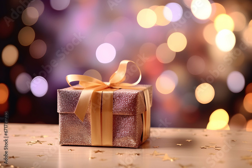 Presents and gifts wrapped in colorful paper and ribbon. Colorful new year background with bokeh. New Year Christmas holiday celebrating. Copy space. Generative AI. © pawczar