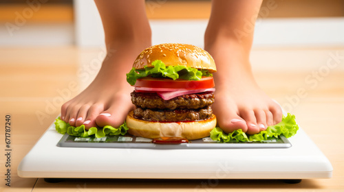 Woman's bare feet on scale with hamburger, symbolizing weight gain.
