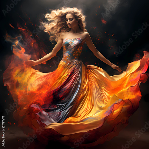 woman in red dress with fire