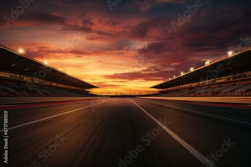 Evening scene of an expansive empty race track, with motion-blurred background. Generative AI