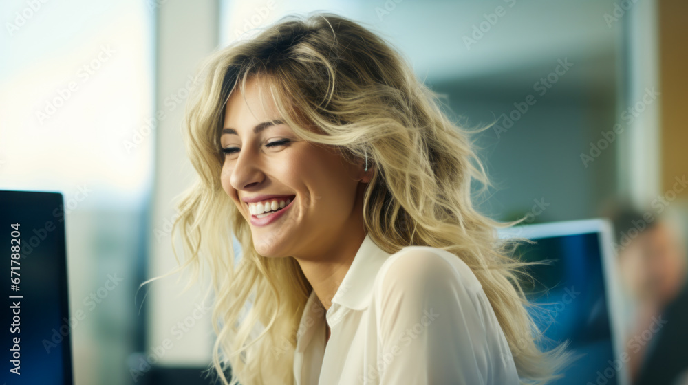 Obraz premium Sensual blonde medical secretary, hair in wind, at desk in blurred hospital setting.