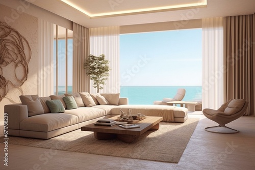 Minimalist living room with beige sofa, ocean view, bas relief decor, carpet, concrete floor, white armchair. Generative AI © Kenneth