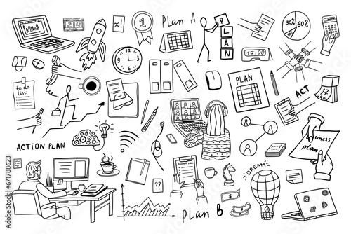 Set of business elements. Working online on laptops, tablets. Self-employed man and woman work in comfortable conditions. Hand drawn. Great for banner, posters, stickers and professional design. 