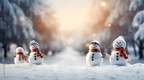 Happy snowman wearing a scarf and hat. Raised hands. Winter background with falling snow. Copy space  sunny bright backdrop. Generative ai.
