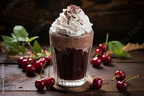 Deliciously indulgent homemade chocolate milkshake adorned with whipped cream and a cherry