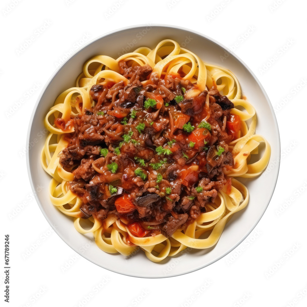 Pasta Fettuccine Bolognese with beef and tomato sauce, top view, isolated on a transparent background. PNG, cutout, or clipping path.	
