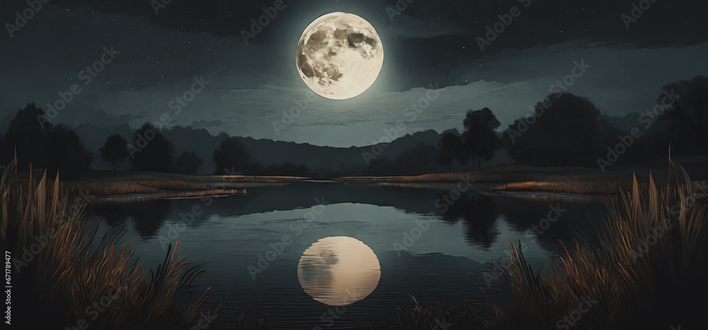 illustrazione di paesaggio notturno con grande luna piena che si riflette nelle acque calme di uno stagno - obrazy, fototapety, plakaty 