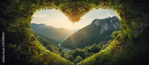 Heart shaped void in thick foliage River flows towards cliff Sun illuminates mountains Love for nature and wanderlust photo