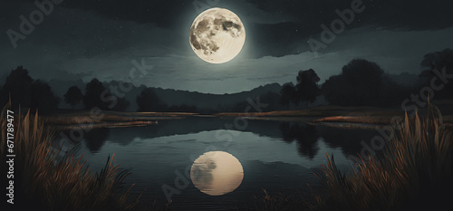 illustrazione di paesaggio notturno con grande luna piena che si riflette nelle acque calme di uno stagno photo