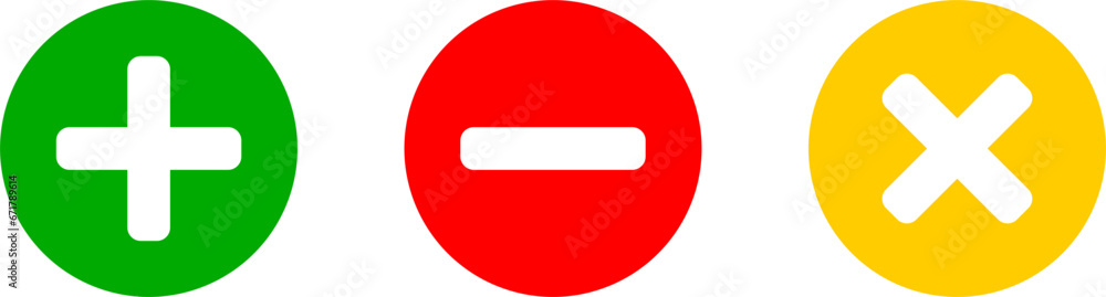 Yes No Neutral or In Favor Against Abstention Round Sign Icon Set with Green Plus Red Minus and Yellow Cross Symbols. Vector Image.