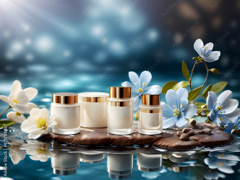 spa still life, blue flowers and creme containers on stone table, water reflections spa still life, blue flowers and creme containers on stone table, water reflections