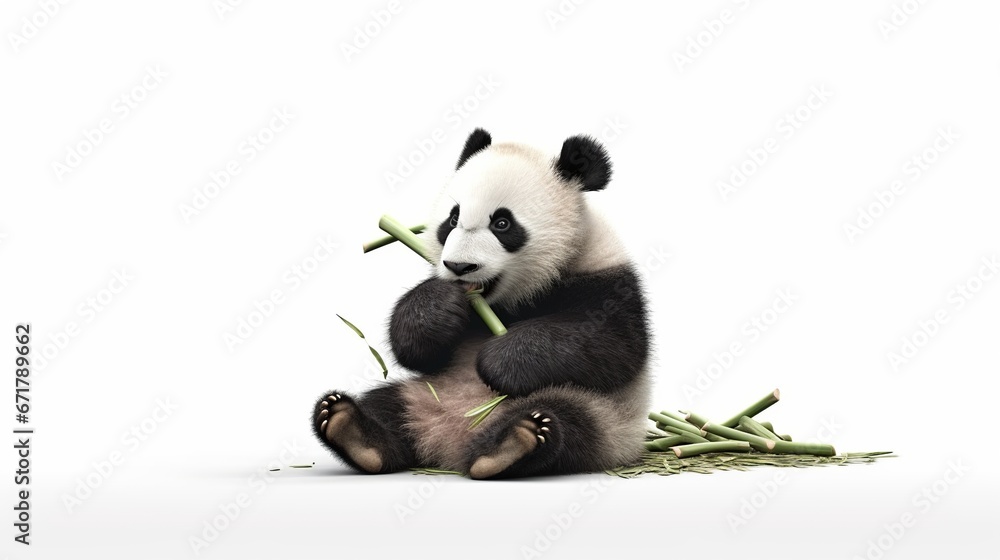 cute panda cub eating young bamboo on white background cute panda cub eating young bamboo on white background