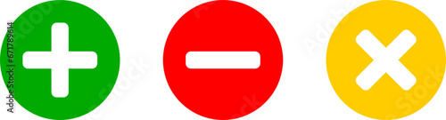 Yes No Neutral or In Favor Against Abstention Round Sign Icon Set with Green Plus Red Minus and Yellow Cross Symbols. Vector Image.