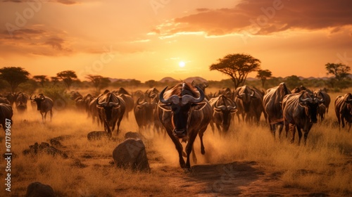 Wildebeest Herd Moving at Sunset in Africa