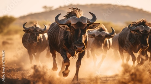 Wildebeest Herd Moving at Sunset in Africa