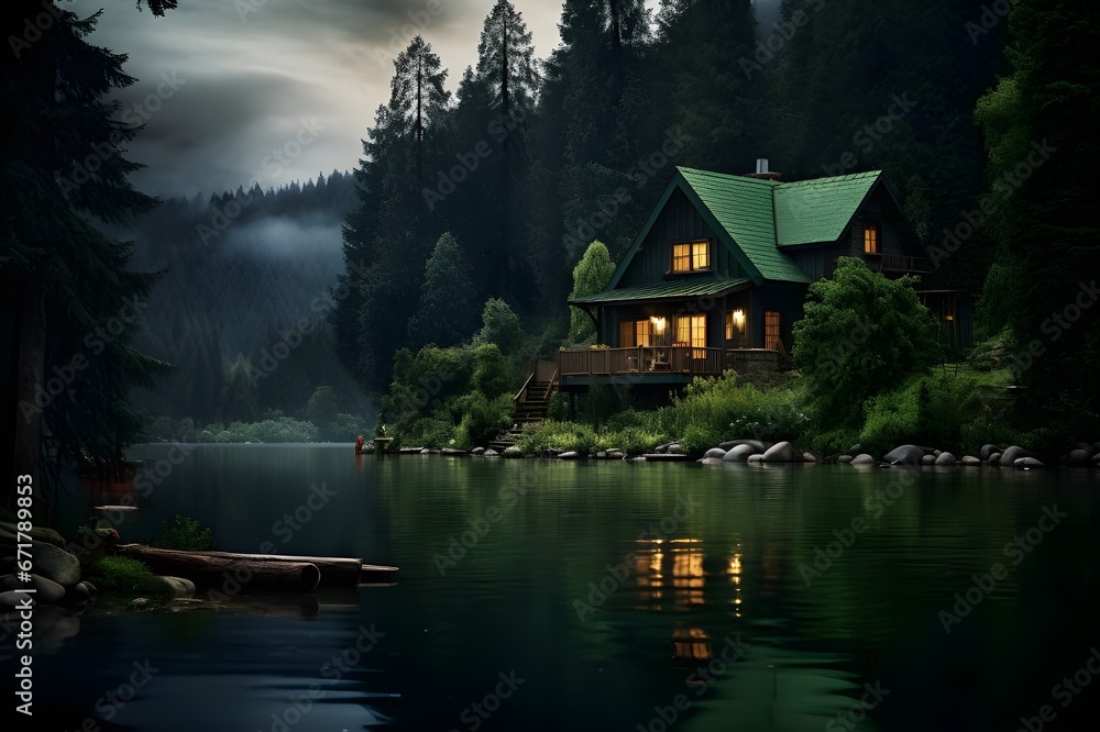 A tranquil lakeside cabin nestled amidst a forest of emerald green.