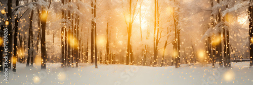 Snow falls in the forest. Golden lights. Seasonal winter christmas background mood, copy space, generative ai © pawczar