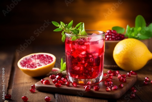 A vibrant glass of homemade lemon pomegranate lemonade sitting amidst fresh fruits on a sunny day