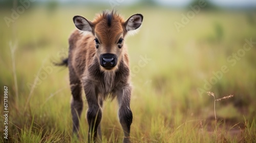 Young wildebeest calf taking first steps in the wild grasslands