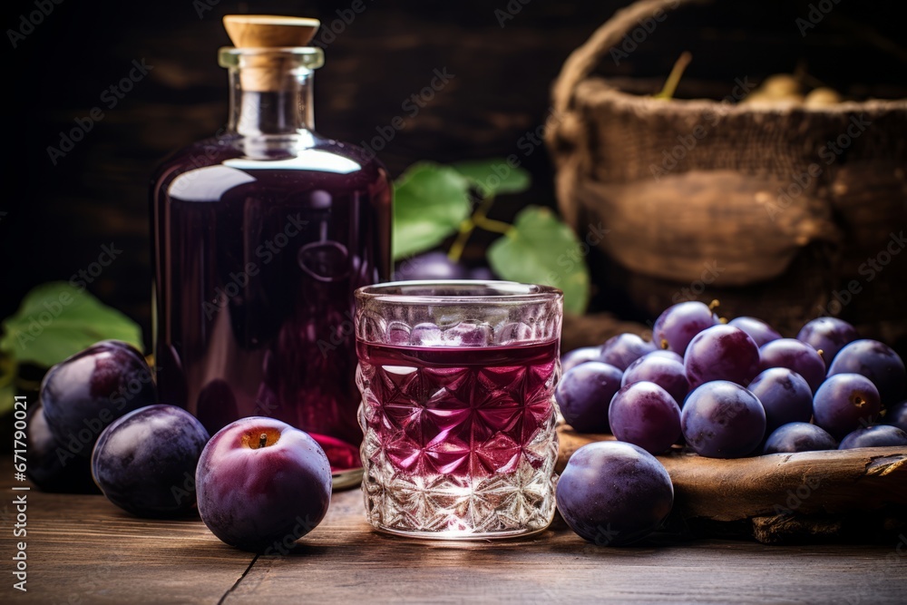 A rustic scene featuring a glass of homemade Plum Schnapps and fresh plums on an old wooden table A rustic scene featuring a glass of homemade Plum Schnapps and fresh plums on an old wooden table