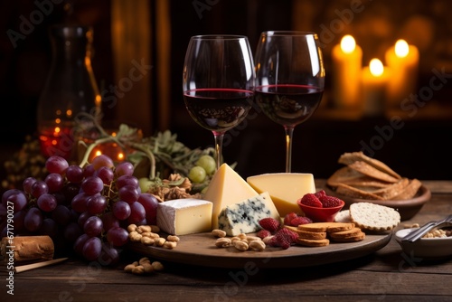 Enjoying a glass of full-bodied Nebbiolo wine with an assortment of Italian cheeses and fresh grapes in a warm candlelit ambiance