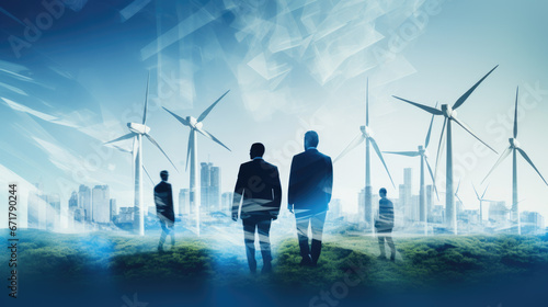 Businesspeople walk amidst towering skyscrapers and wind turbines, representing a harmonious blend of urban development and sustainable energy.