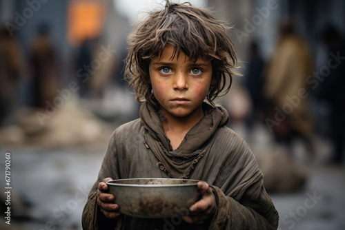 Closeup portrait of a poor staring hungry orphan boy in a refugee camp with a sad expression on face full of pain. Holds empty bowl plate. War social crisis problem issue help charity donation concept photo