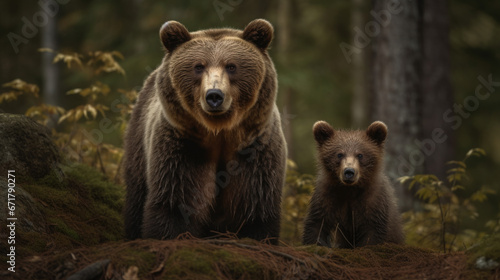 Brown bear and her cub are standing in the woods.