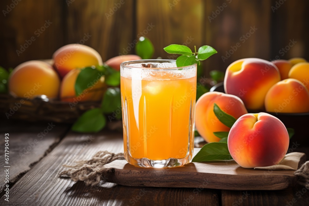 A tantalizing view of a glass filled with freshly squeezed peach and apple juice on a vintage wooden table A tantalizing view of a glass filled with freshly squeezed peach and apple juice on a vintage wooden table