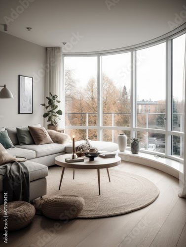 Living room with a large window overlooking a city.