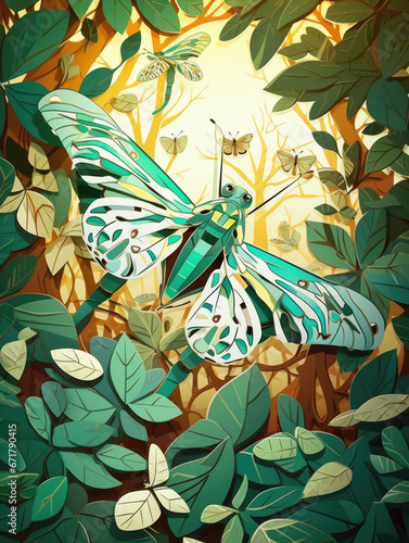 Illustration of a green moth in the forest.