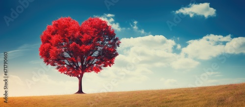Red tree in meadow with heart shape against blue sky