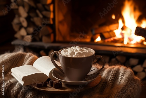 Indulge in the warmth of a creamy hot chocolate, complemented by a good read and the comforting ambiance of a winter evening by the fireplace photo