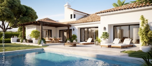 3D depiction of a Mediterranean villa with pool and garden