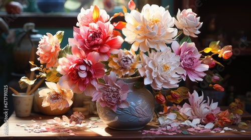  a vase filled with lots of flowers sitting on top of a table next to a vase filled with lots of flowers. generative ai