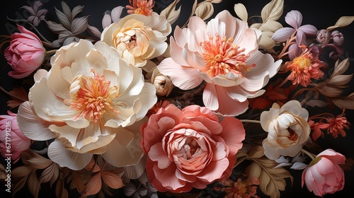  a close up of a bunch of flowers on a black background with pink  orange  and yellow flowers in the center.  generative ai