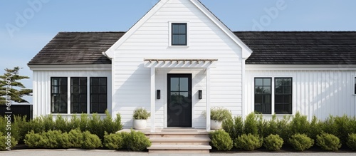 Foto A beach house with a black front door styled like a white farmhouse