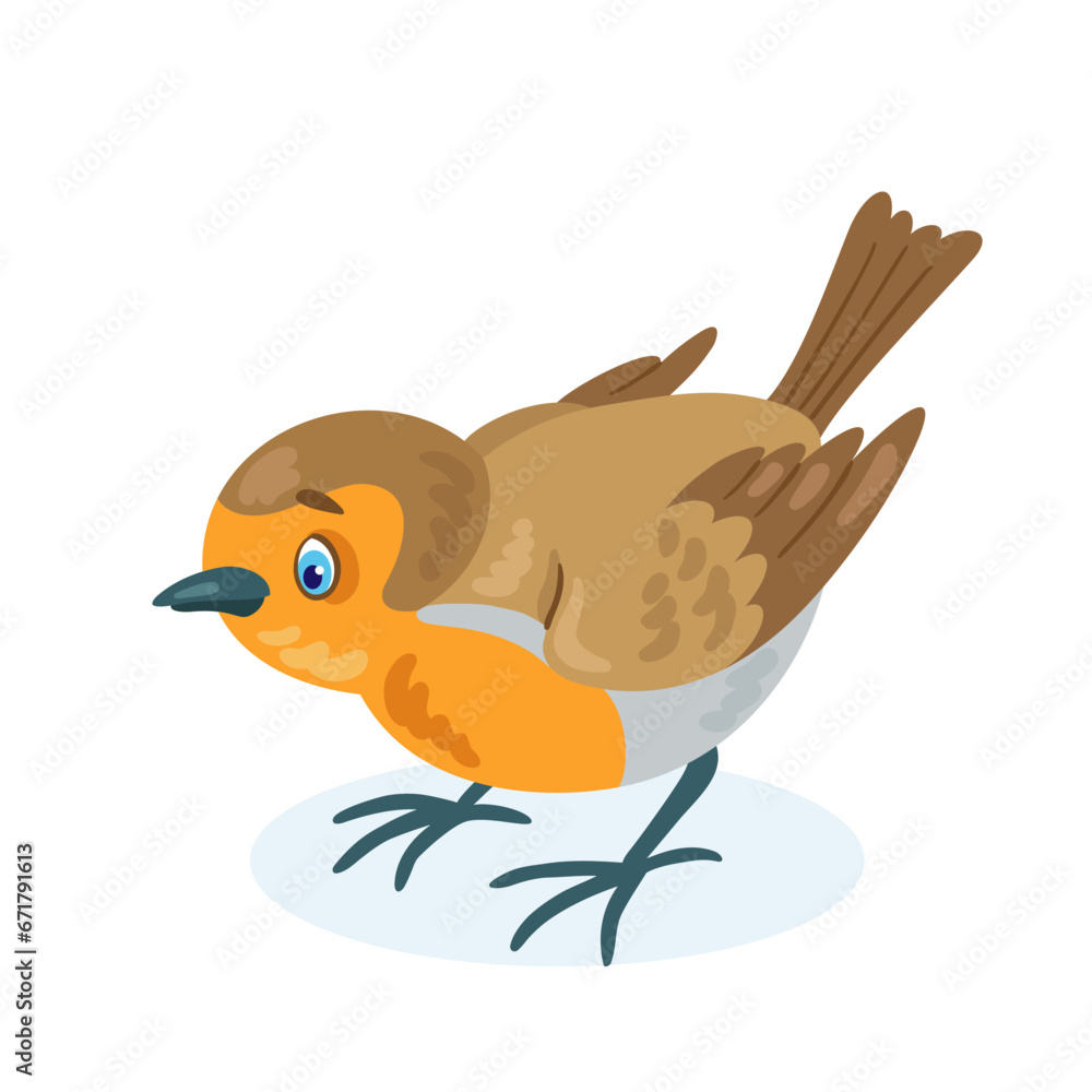 One funny red robin bird sits. In cartoon style. Isolated on white background. Vector flat illustration. One funny red robin bird sits. In cartoon style. Isolated on white background. Vector flat illustration.